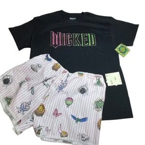 Wicked Movie Pajama Set Large Tee XXL Shorts Black Pink Striped Loungewear